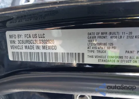 2020 Ram 2500 Tradesman 4X4 6'4 Box z USA, uszkodzony, nr VIN 3C6UR5CL3LG302920